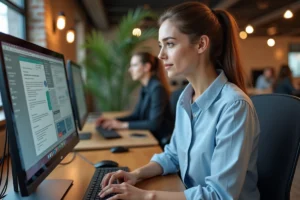 Femme professionnelle utilisant le bureau propriétaire ITEA sur un ordinateur de bureau dans un open space moderne