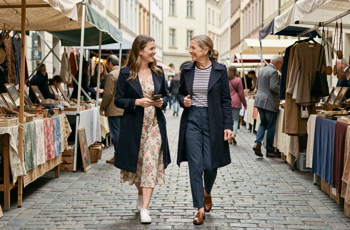 Deux femmes élégantes se promenant ensemble dans un marché urbain animé entourées de stands de mode et d'accessoires