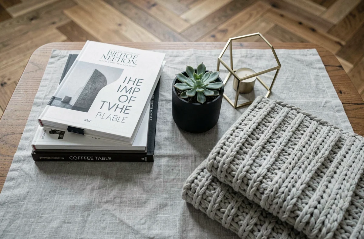 Flat-lay décoratif avec livres design, plante succulente, plaid en maille et bougeoir laiton sur table basse en bois