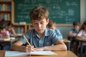Garçon français de 12 ans prenant des notes en classe