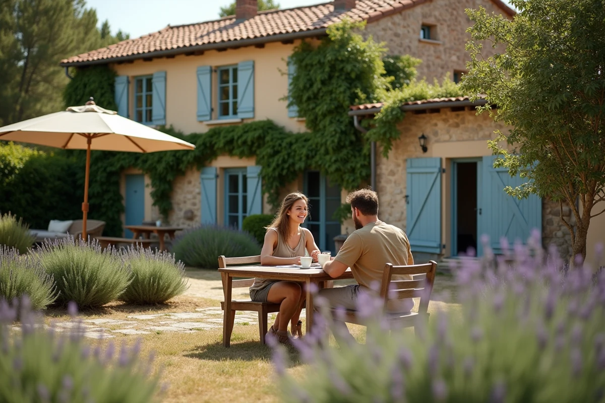 Couple profitant d'un café matinal devant un gîte en pierre au cœur de la Provence