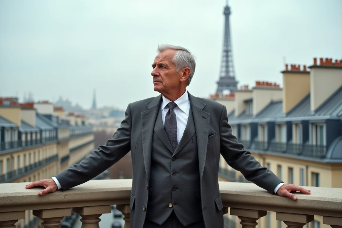 Homme distingué en costume gris sur un balcon haussmannien avec vue sur les toits de Paris