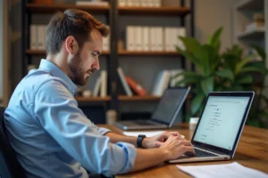 Homme d'âge moyen travaillant sur son ordinateur dans un bureau cosy