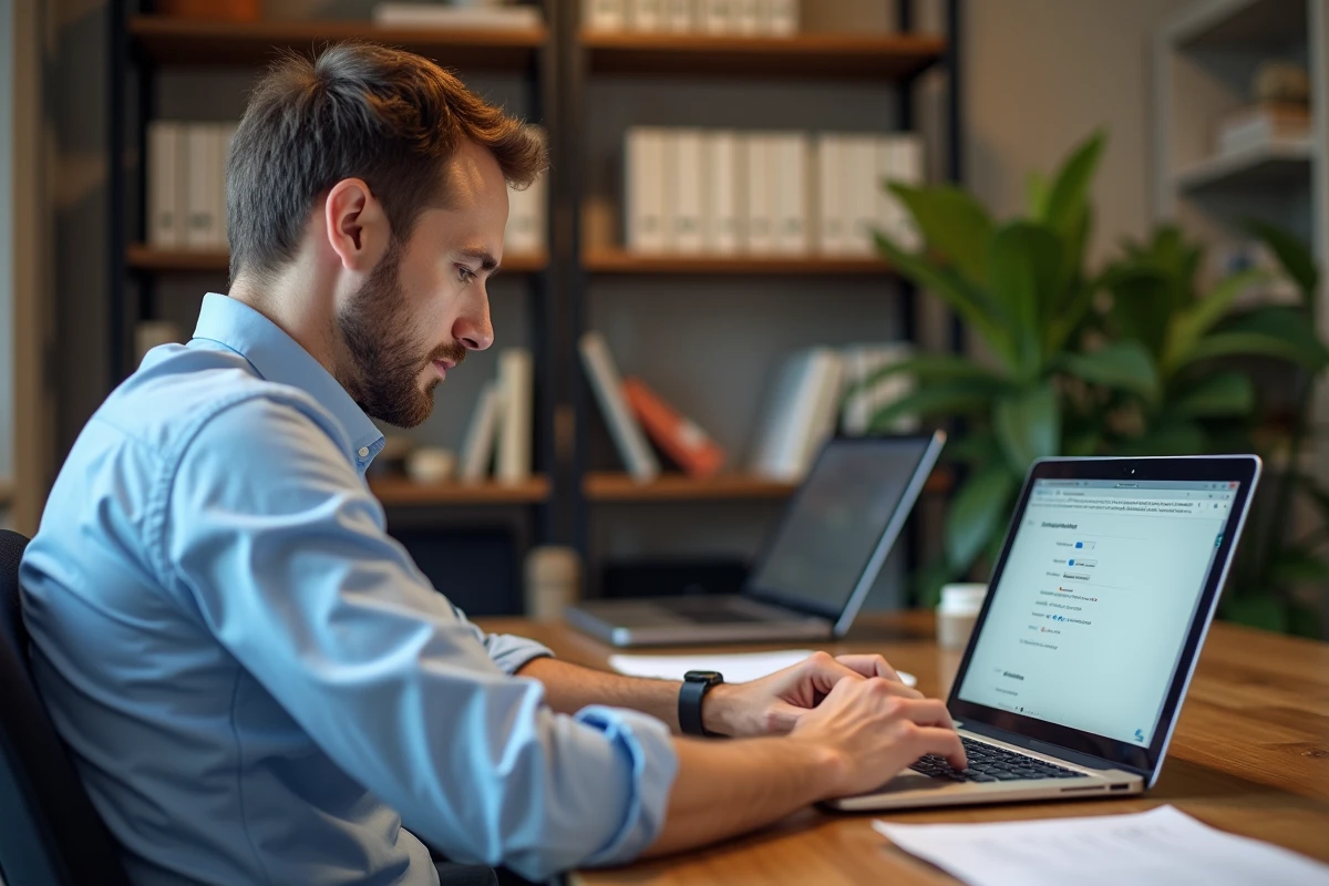 Homme d'âge moyen travaillant sur son ordinateur dans un bureau cosy