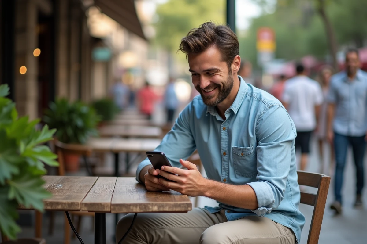 Homme détendu utilisant son smartphone dans un café en plein air