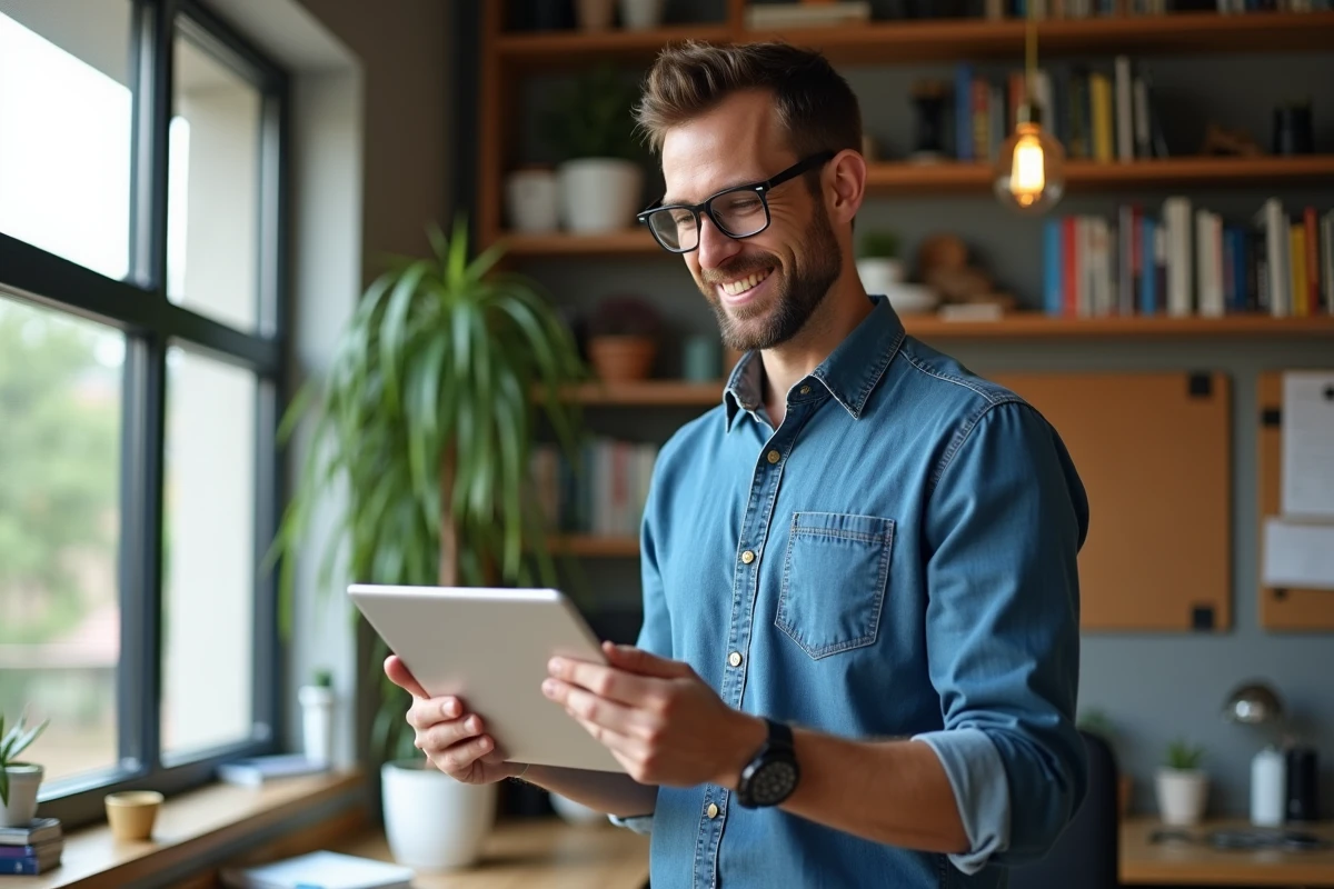 Homme en denim suivant une formation en ligne dans son bureau