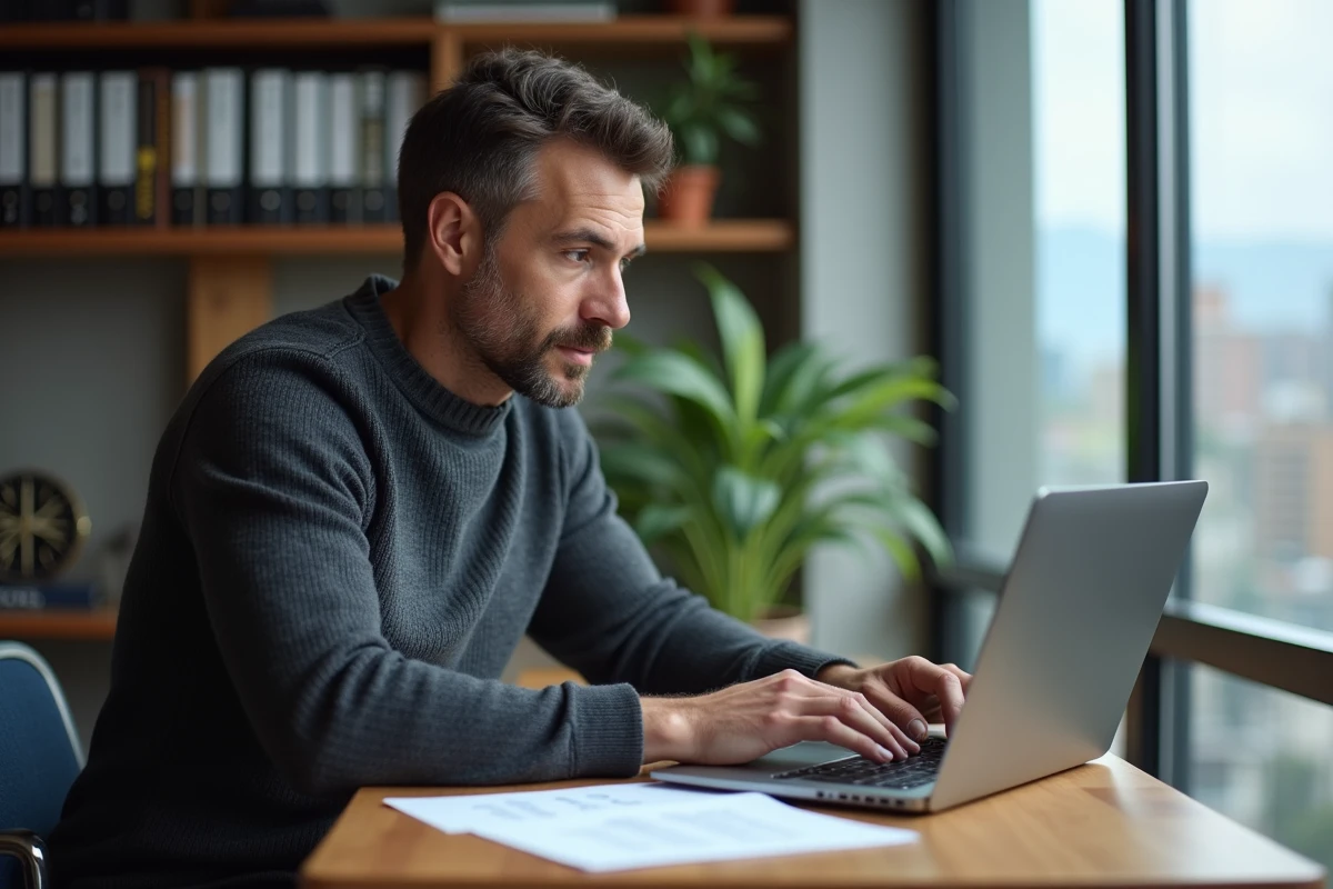 Homme consultant un guide pratique ITEA sur son ordinateur portable dans un bureau à domicile