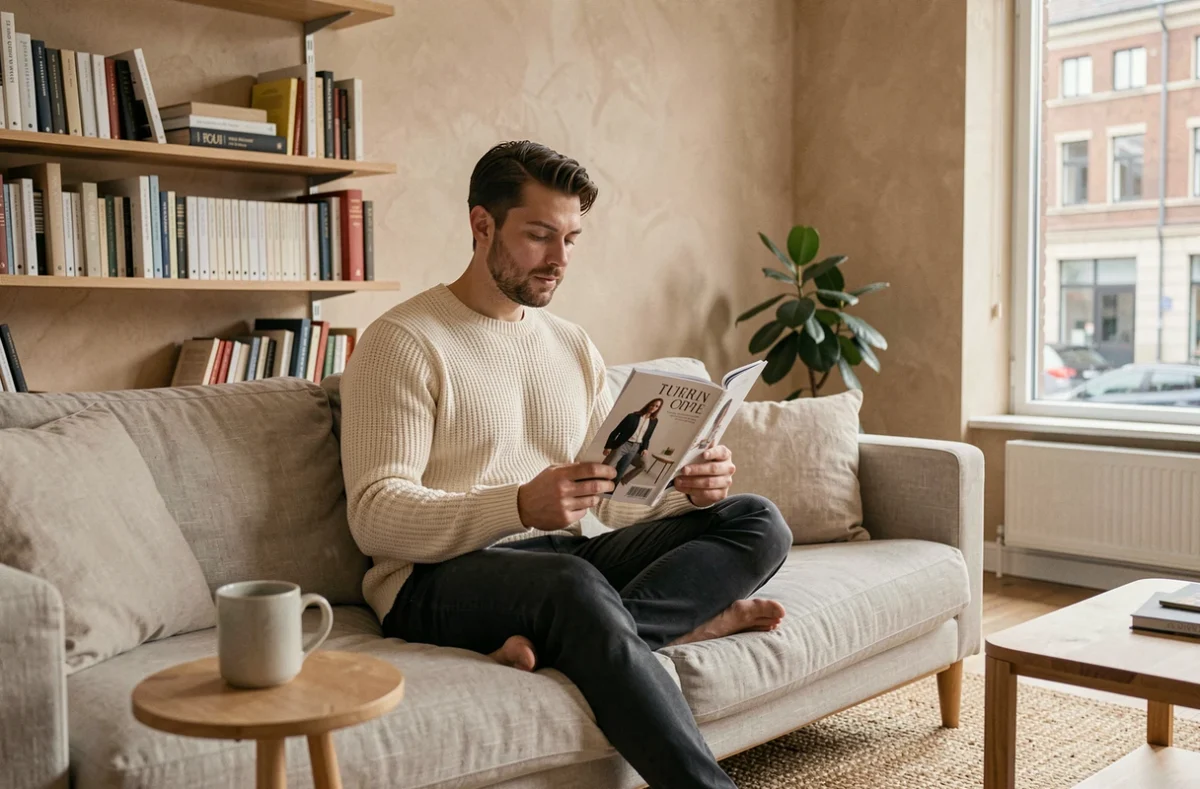 Homme détendu lisant un magazine de mode et lifestyle dans un appartement au design scandinave