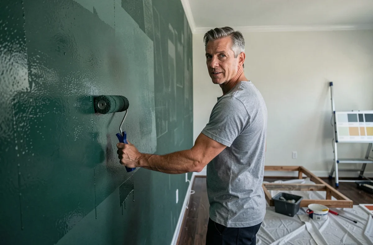 Homme appliquant de la peinture vert forêt sur un mur de chambre avec un rouleau lors d'une rénovation intérieure tendance