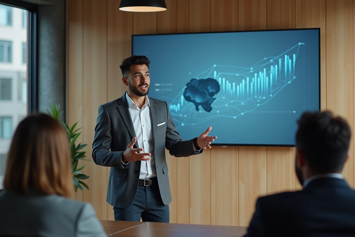 Homme en costume présentant une matrice lors d une réunion