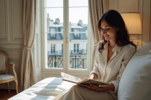 Femme en séjour dans un hôtel boutique parisien, assise sur un lit blanc avec vue sur les toits de Paris