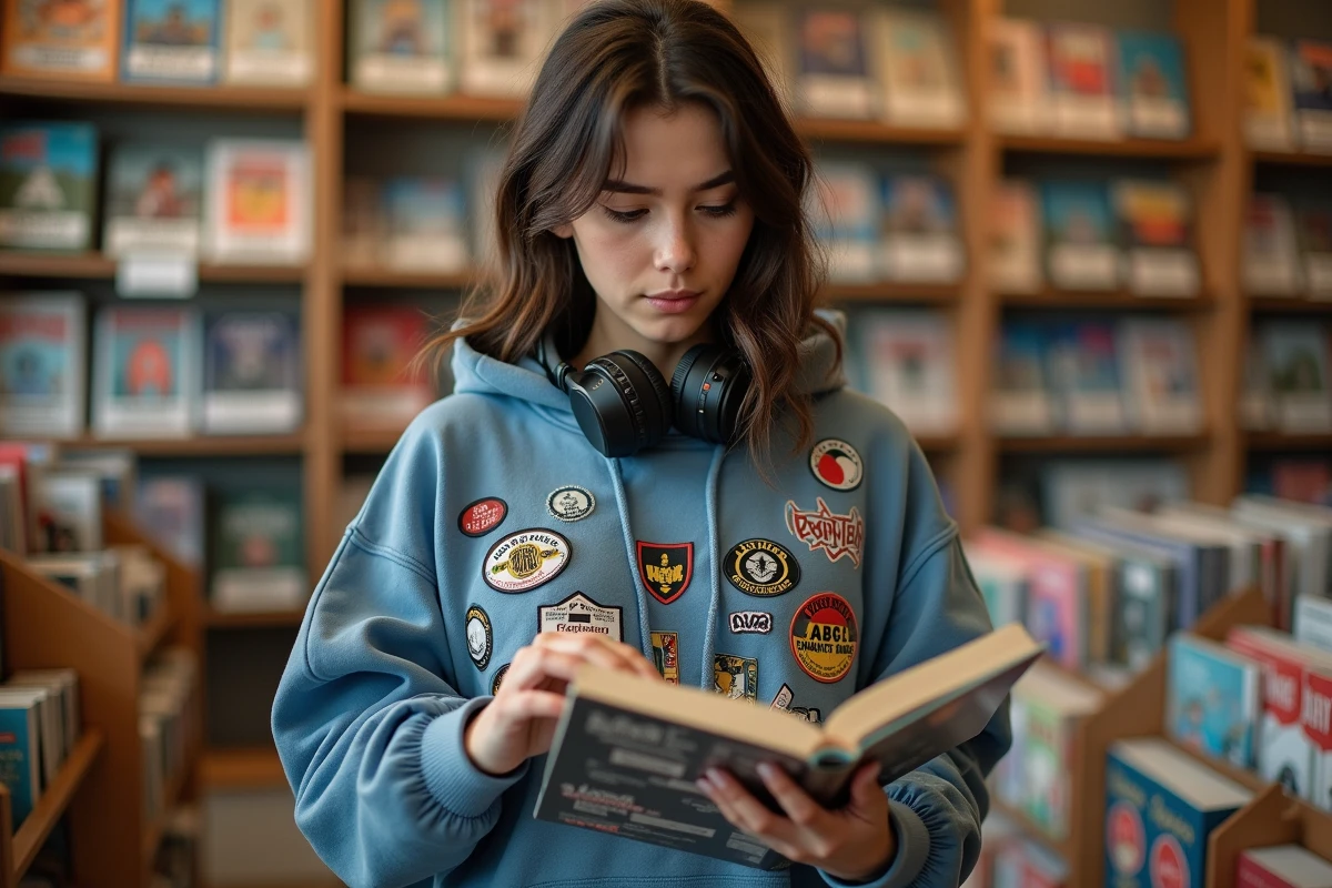 Jeune femme parcourant des bandes dessinées dans une librairie