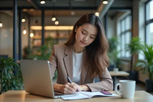 Jeune femme concentrée au coworking avec ordinateur et notes
