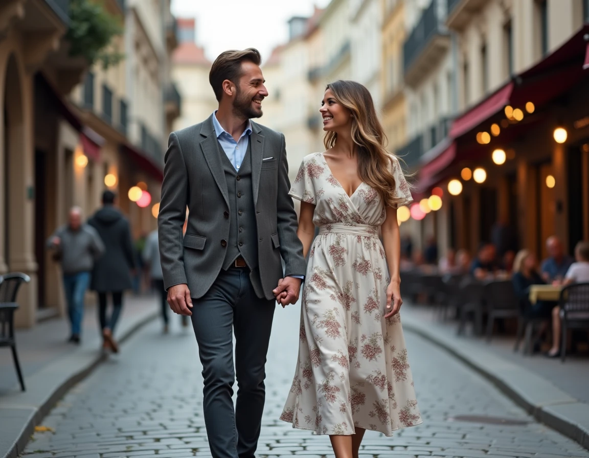Couple élégant se promenant main dans la main dans une rue pavée européenne illustrant la vie amoureuse et le quotidien de Jorge Lorenzo