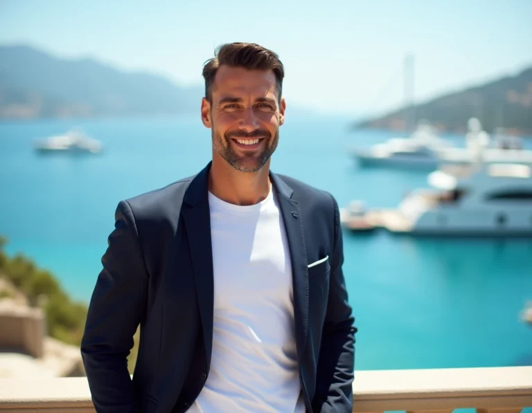 Portrait d'un ancien champion de MotoGP sur une terrasse méditerranéenne évoquant la vie de couple et le lifestyle luxueux de Jorge Lorenzo
