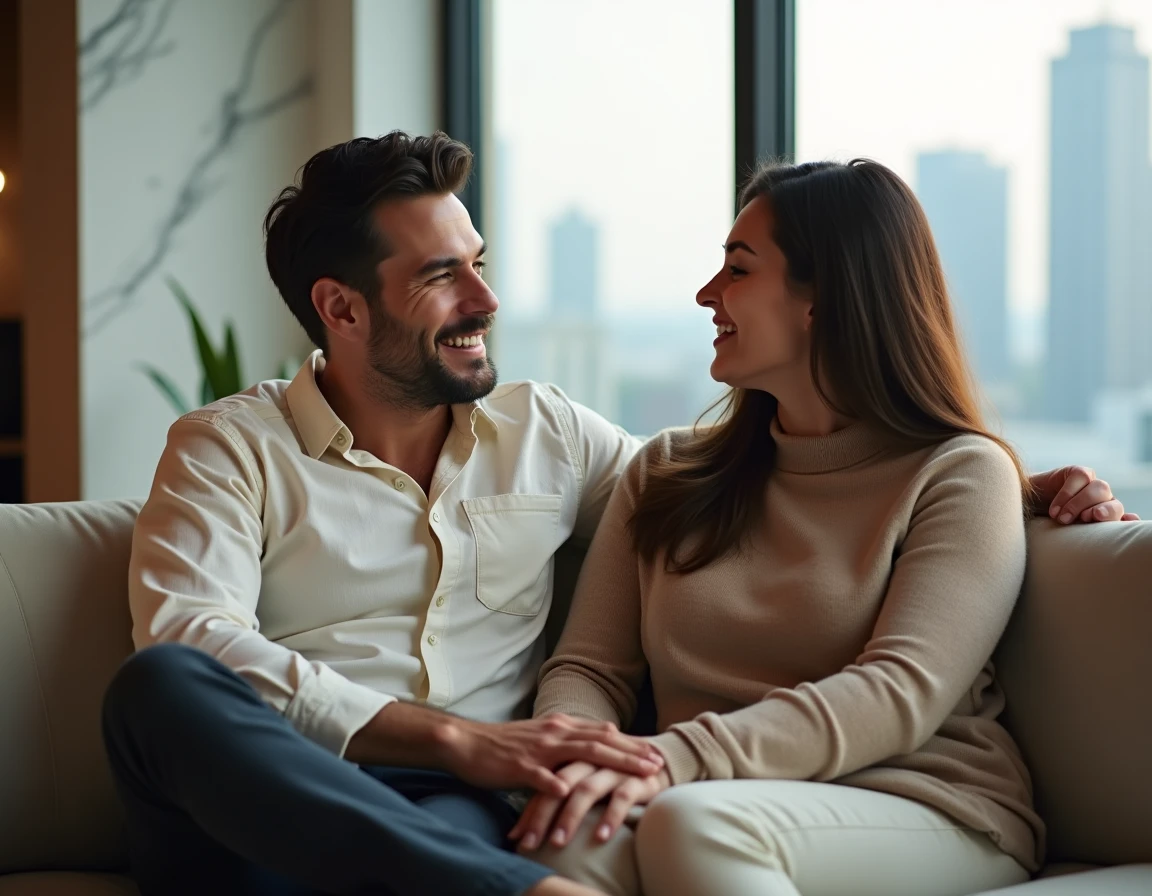 Couple dans un appartement luxueux moderne symbolisant l'intimité et la vie privée de Jorge Lorenzo avec sa partenaire