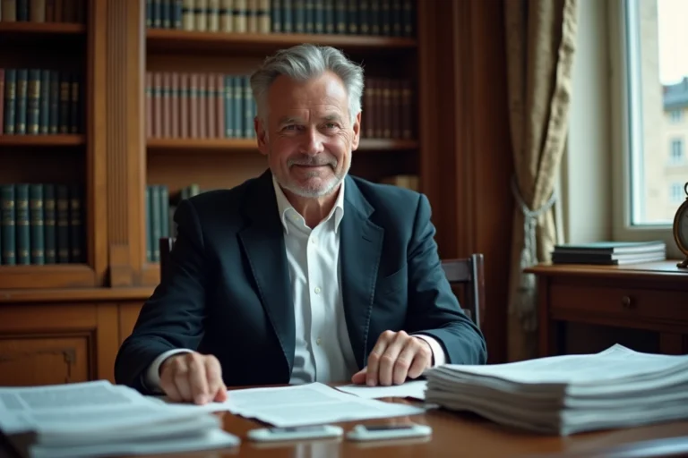 Journaliste élégant dans la cinquantaine assis dans un bureau parisien classique entouré de livres et de journaux