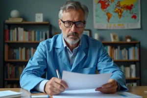 Pathologiste en blouse bleue examine des dossiers dans son bureau