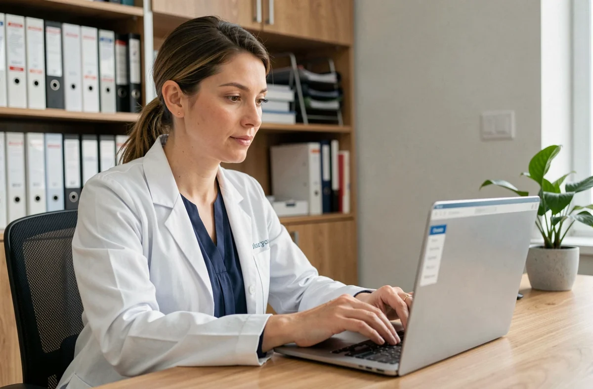 Médecin généraliste femme utilisant un logiciel de prise de rendez-vous médicaux en ligne sur son ordinateur portable dans son cabinet
