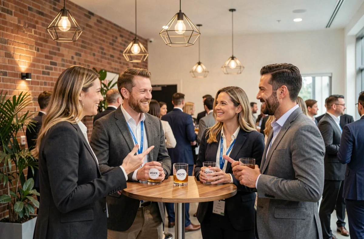 Groupe de professionnels en networking lors d'une réception d'événement d'entreprise dans un espace moderne avec briques apparentes