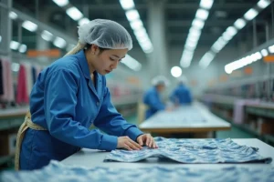 Ouvrière dans une usine textile en Chine inspectant un vêtement sur une table de coupe industrielle entourée de rouleaux de tissu