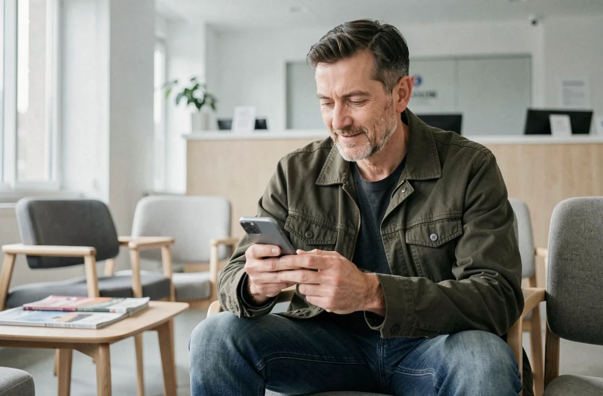 Patient adulte prenant rendez-vous chez le médecin via une application mobile de consultation en salle d'attente