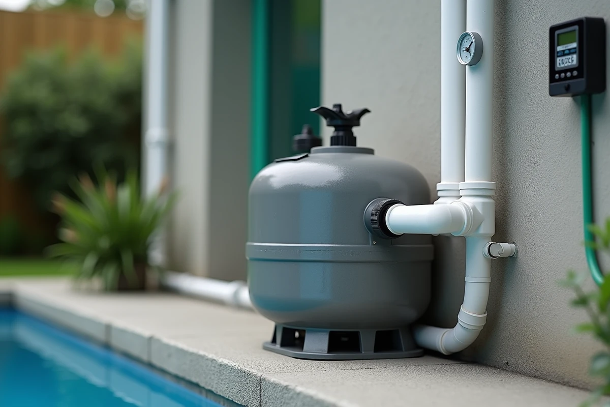 Pompe à sable de piscine avec compteur de consommation électrique installée sur dalle de béton dans un jardin