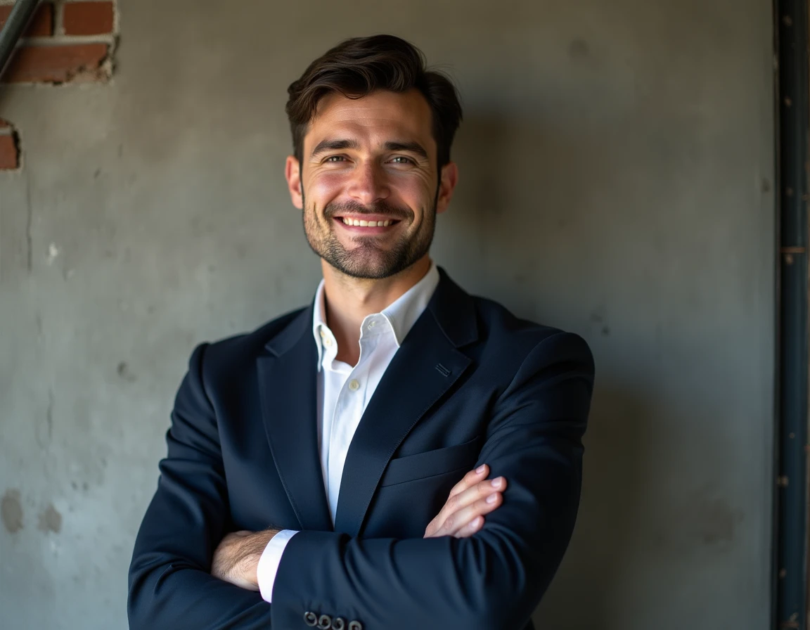 Portrait éditorial d'un homme élégant en blazer marine adossé à un mur en béton dans un loft industriel urbain