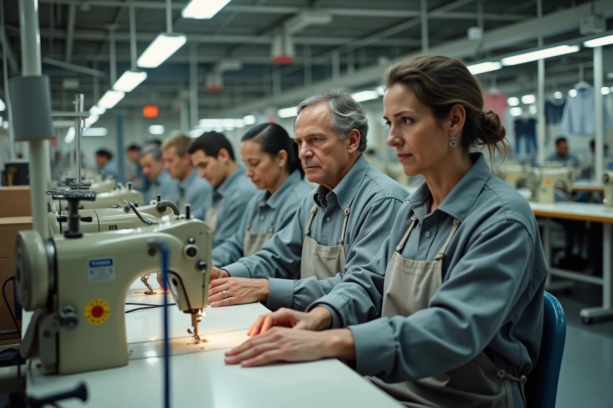 Rangée d'ouvriers à des machines à coudre industrielles dans une usine de confection de vêtements en Asie