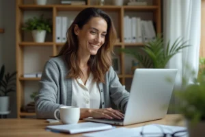 Femme cherchant un professionnel de santé qualifié en ligne depuis son bureau à domicile