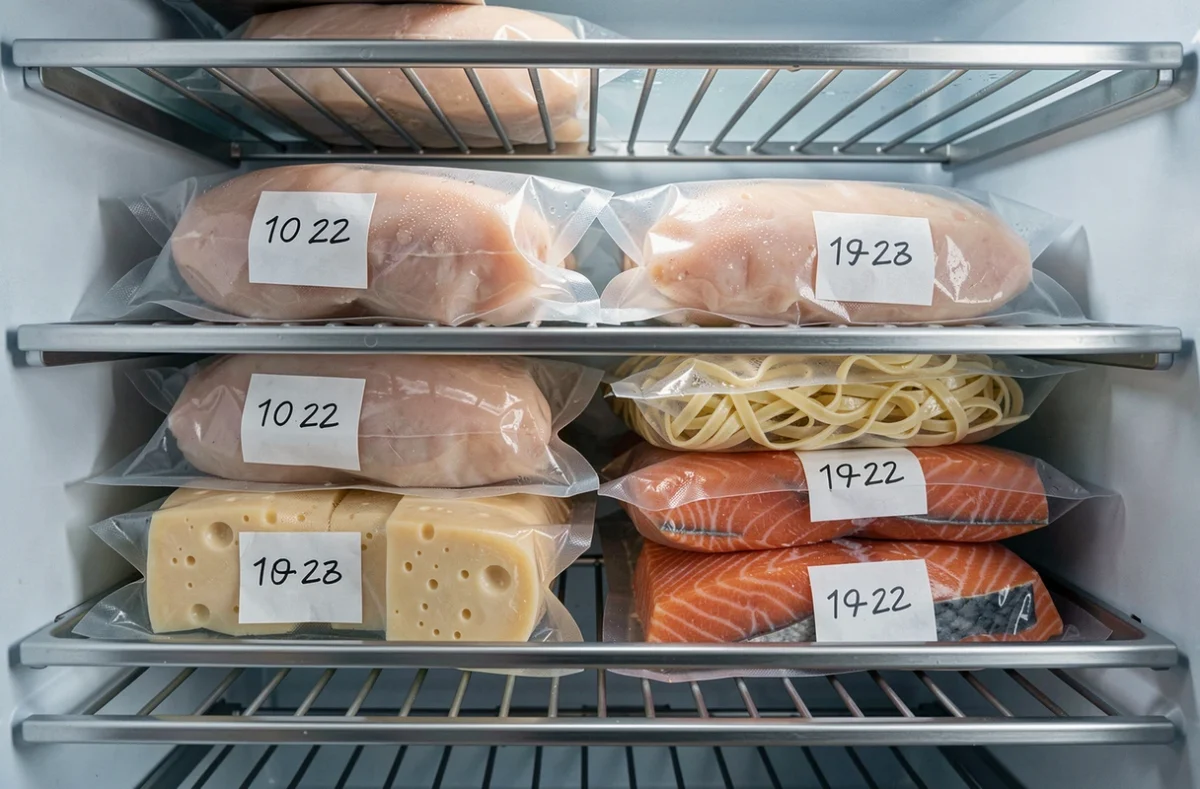 Intérieur de réfrigérateur organisé avec des sachets sous vide étiquetés contenant viande, poisson et fromage