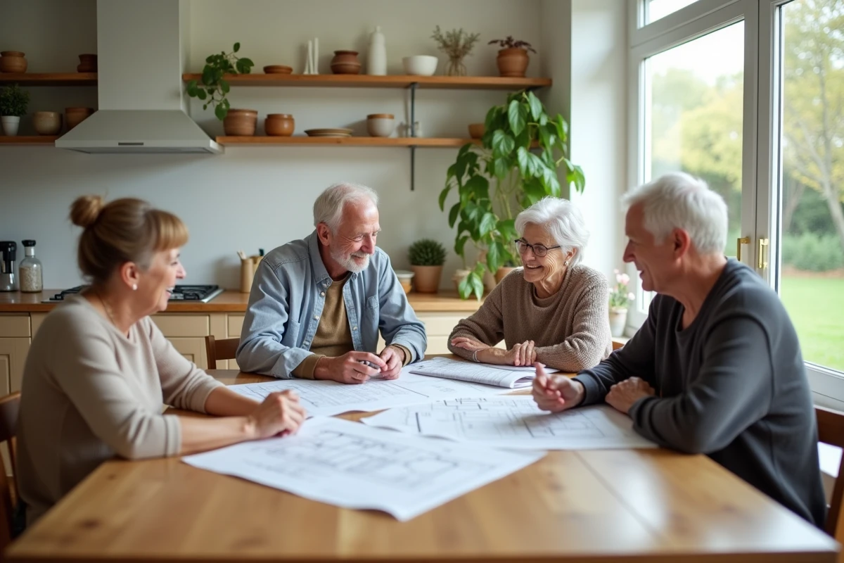 Groupe de seniors discutant de plans dans une cuisine lumineuse