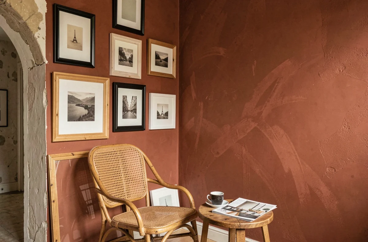 Coin salon en cours de décoration avec mur galerie de cadres, chaise rattan vintage et mur peint en terracotta dans un appartement parisien