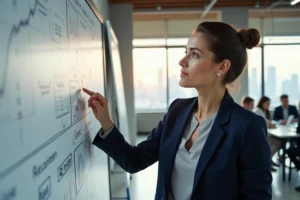 Femme d'affaires présentant une stratégie de croissance d'entreprise devant un tableau blanc dans un bureau moderne