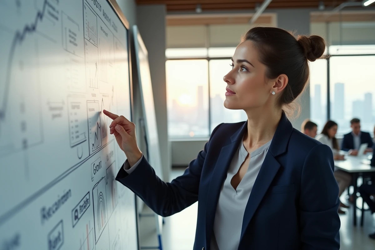 Femme d'affaires présentant une stratégie de croissance d'entreprise devant un tableau blanc dans un bureau moderne