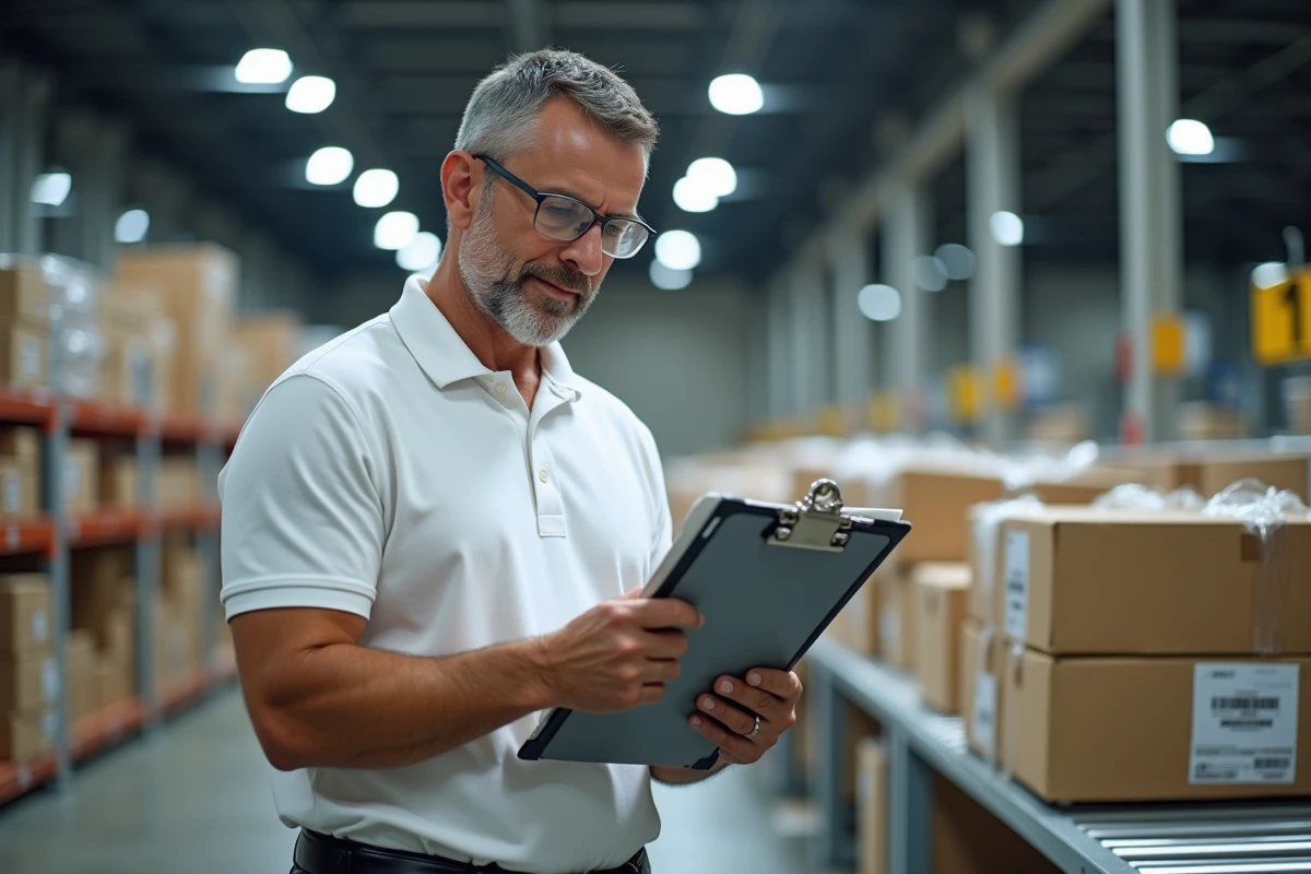 Superviseur contrôlant l'étiquette d'un vêtement dans un entrepôt logistique d'emballage de commandes en ligne