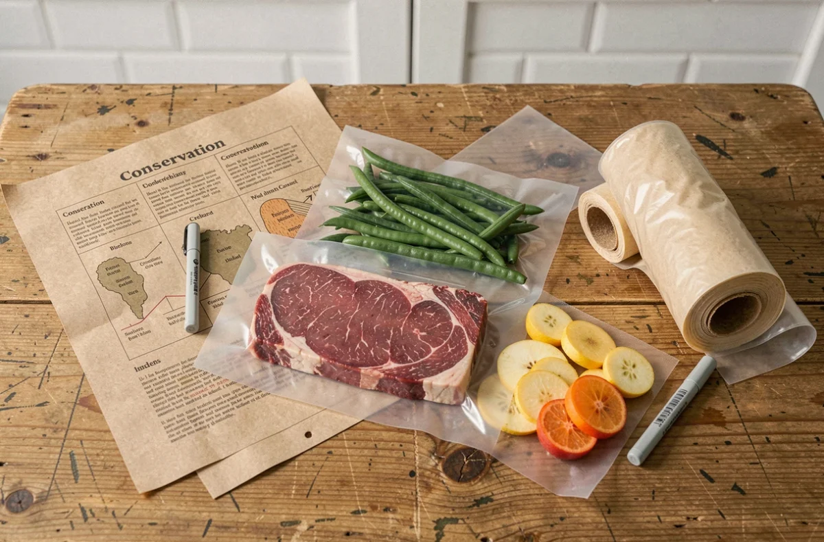 Vue de dessus d'un tableau pratique de conservation sous vide avec des portions alimentaires scellées sur une table en bois