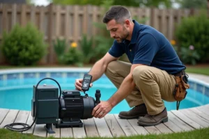 Technicien de piscine mesurant la consommation électrique d'une pompe à sable avec un wattmètre numérique