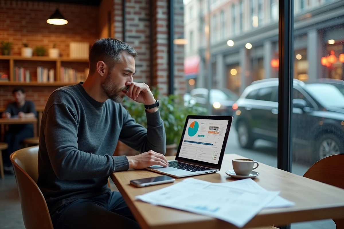 Homme consultant des tendances digitales et maquettes UI sur un laptop dans un café urbain contemporain