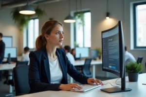 Femme professionnelle explorant les tendances du web 2024 sur un écran ultrawide dans un bureau moderne de startup