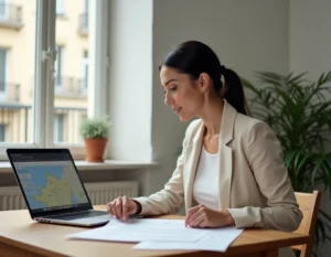 Femme consultant des documents immobiliers et une carte des zones tendues sur un ordinateur portable dans un appartement urbain