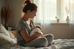 Jeune mère épuisée et attendrie tenant son nouveau-né dans les bras sur un lit défait, exprimant la complexité émotionnelle de la maternité