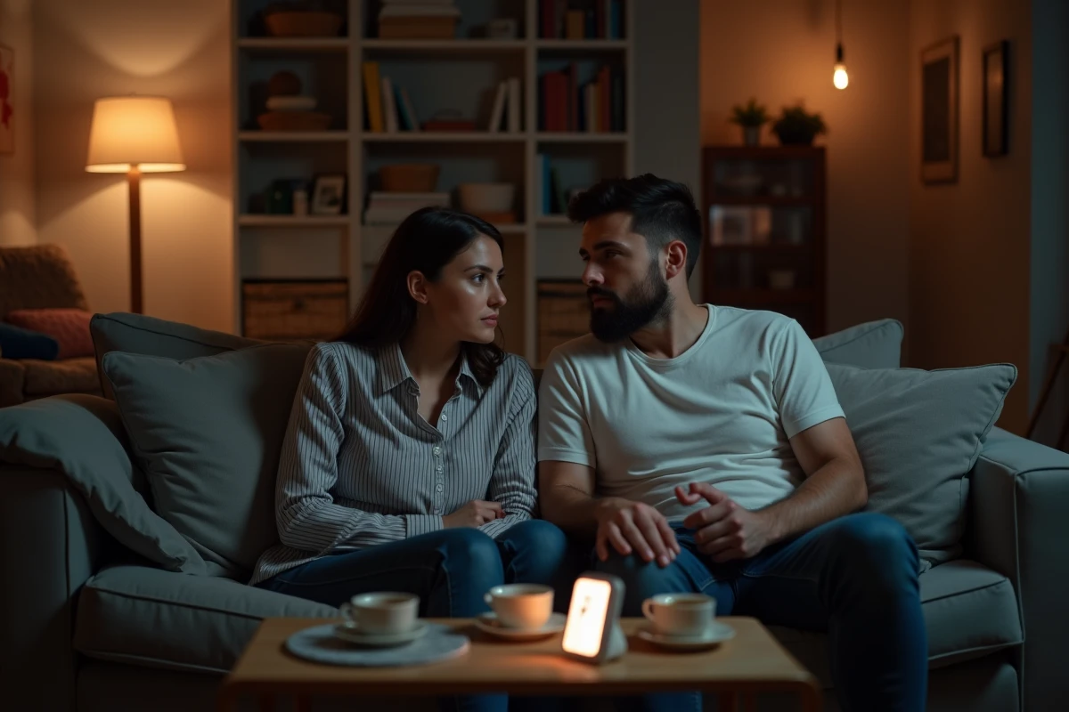 Couple de parents épuisés échangeant un regard complice tard le soir sur leur canapé, illustrant la solidarité et la fatigue partagée de la vie parentale