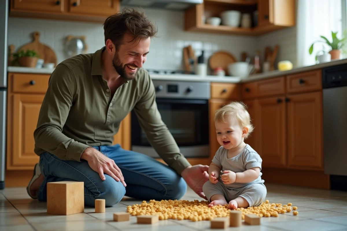 Père agenouillé sur le sol de la cuisine tentant de calmer un enfant en bas âge en pleine crise, illustrant les défis inattendus de la parentalité