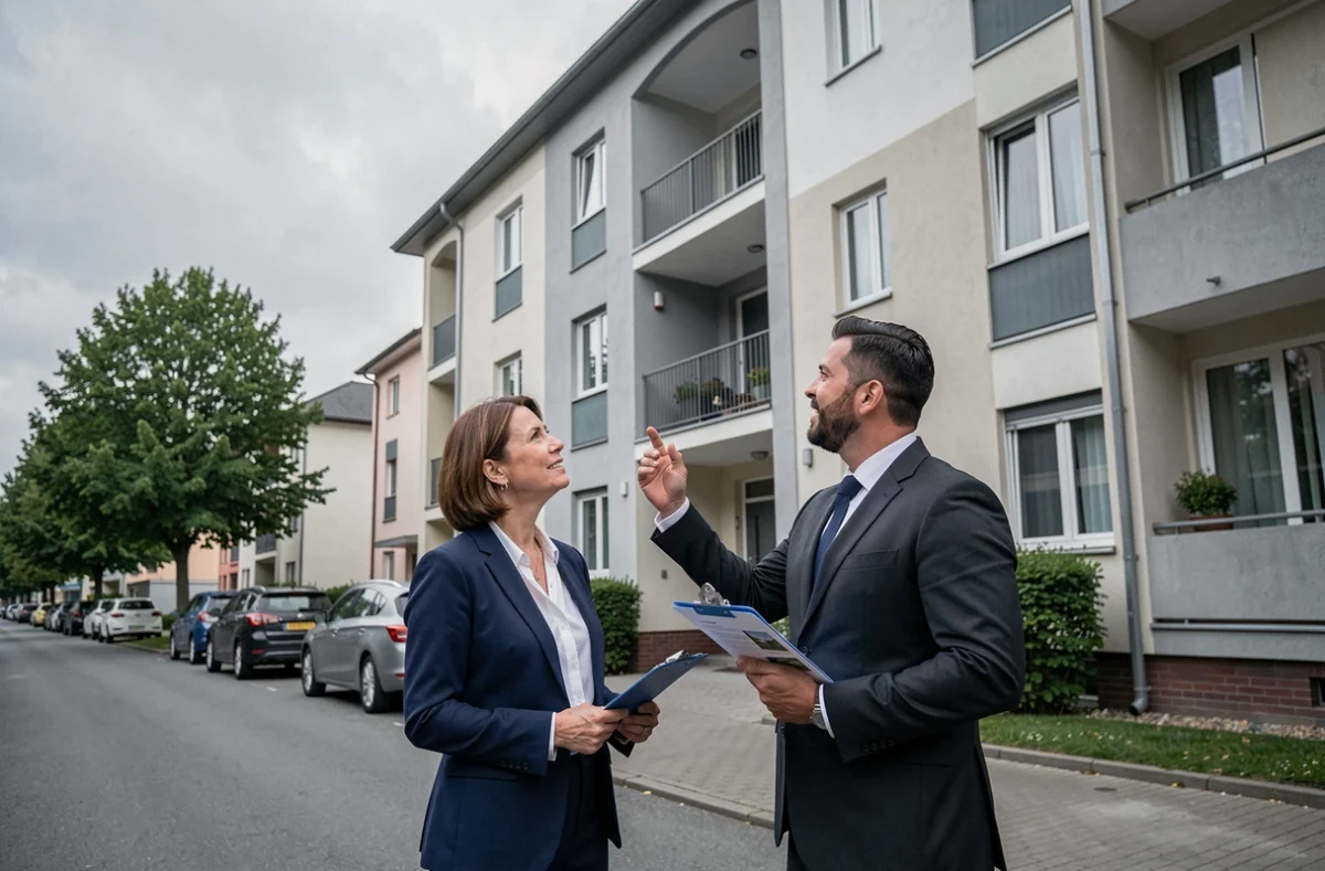 Femme investisseuse et agent immobilier visitant un immeuble résidentiel moderne en extérieur